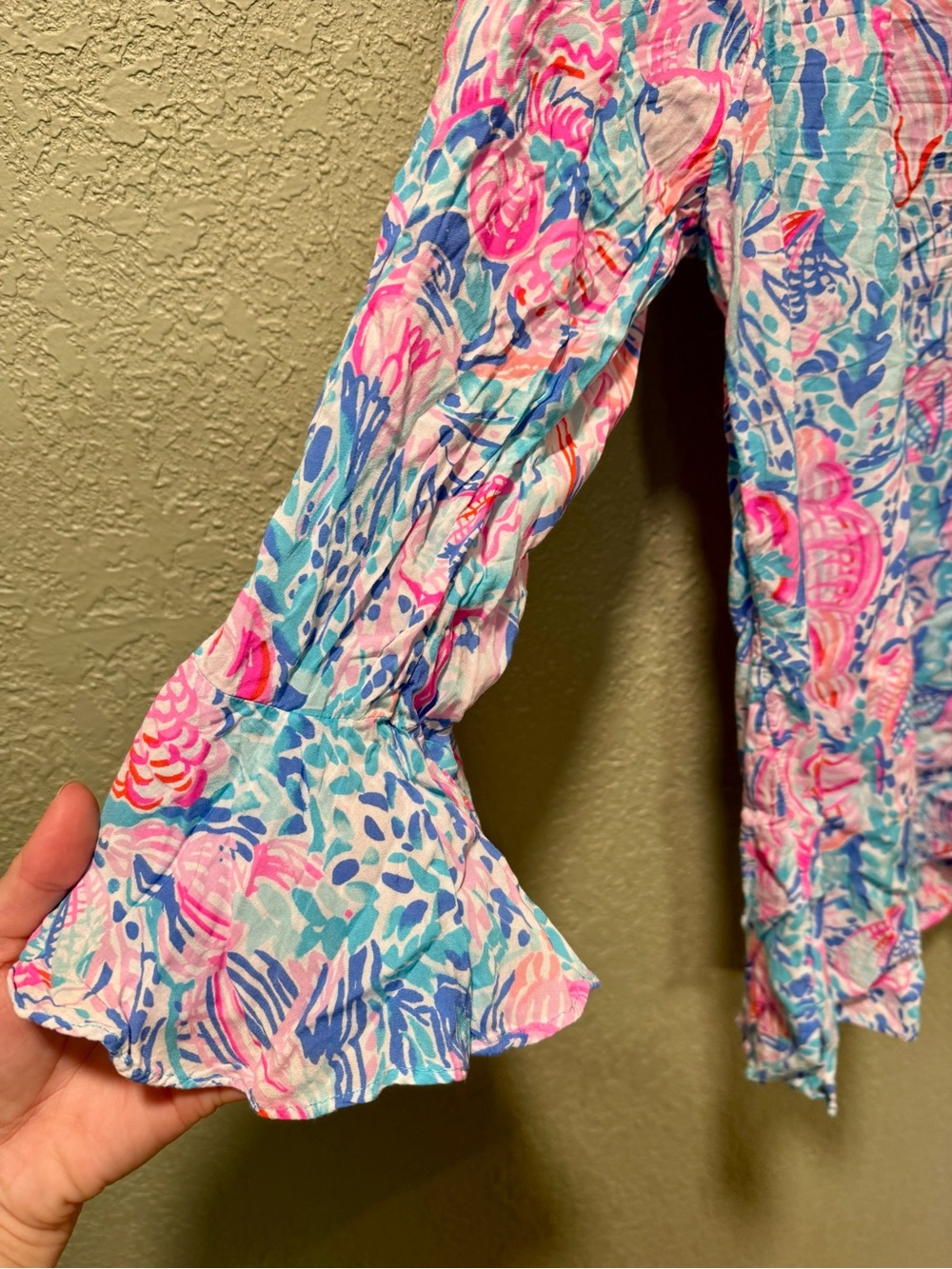 Lilly Pulitzer Aqua and Pink Floral Peasant Tunic M - Picture 3 of 4